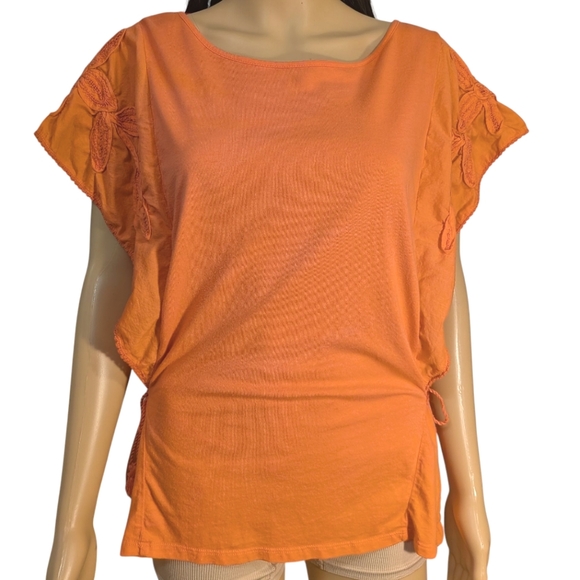 a.n.a Tops - Ana Orange Short Sleeve Top With Embroidered Sleeves Lg